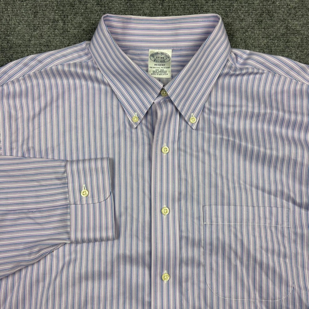 Brooks Brothers Regent Dress Shirt Mens 17-34 Purple Stripe Non-Iron Supima